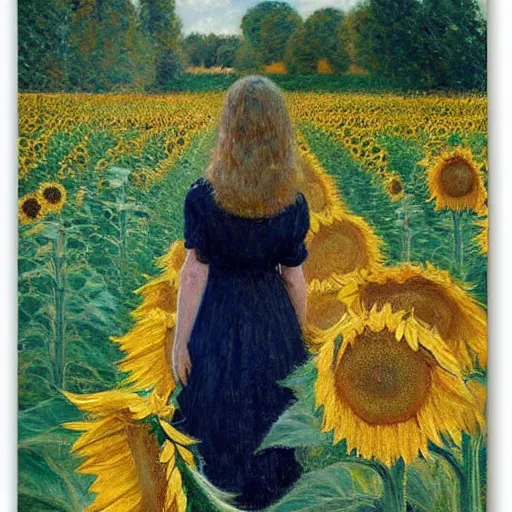 Image similar to a girl slowly walking through amazing tall sunflower field, her hair flowing down, subtle, intricate details, real masterpiece, impressionist painting, by gustave caillebotte