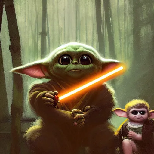 Prompt: Cheburashka and Baby Yoda holding lightsabers, digital painting, artstation, concept art, sharp focus, illustration, art by greg rutkowski and alphonse mucha