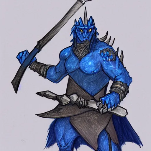 Image similar to fantasy concept art; portrait of a blue dragonborn wielding an axe; barbarian clothing; detailed sketch