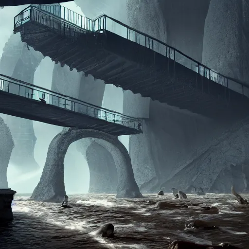 Image similar to a gigantic bridge over a pit filled with creatures, artistic render, ultrarealistic, 8 k.