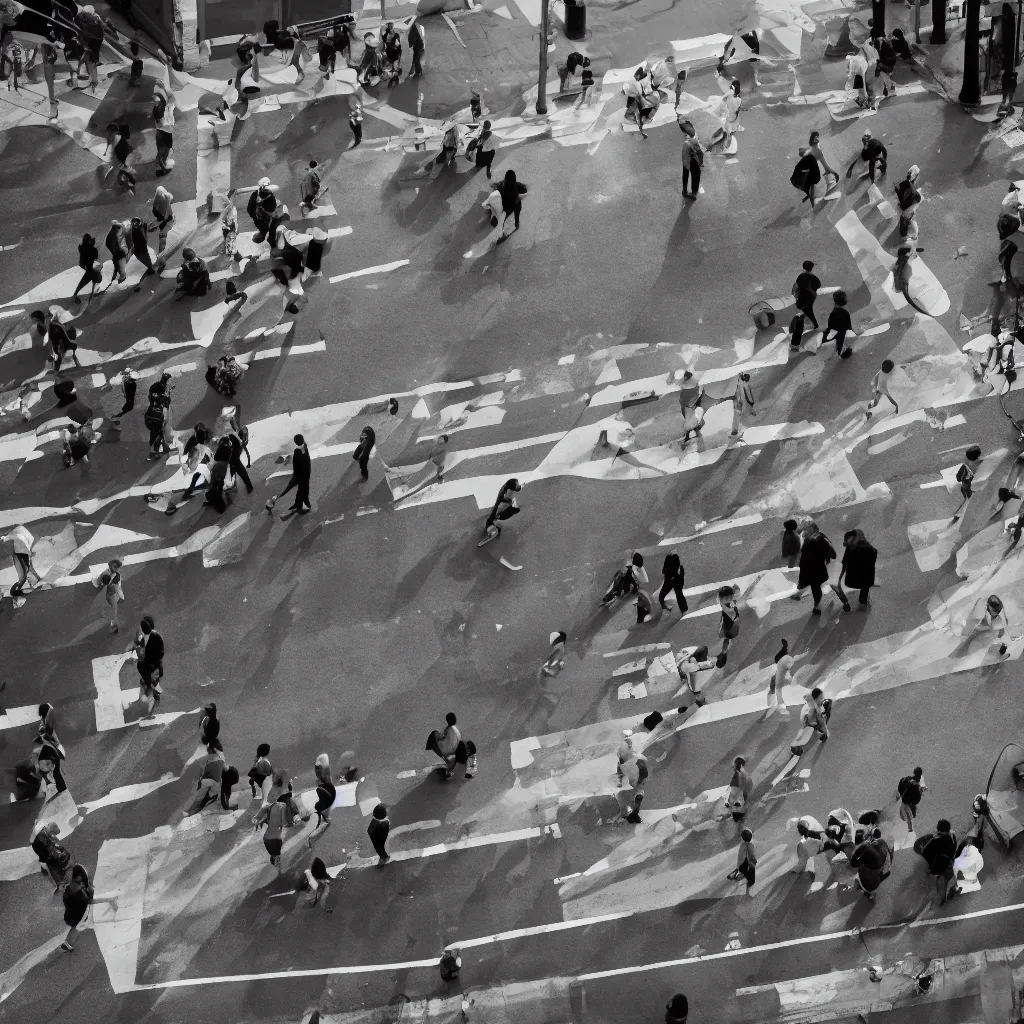 Prompt: a black and white photo of people crossing a street, a tilt shift photo by ned m. seidler, featured on pexels, photorealism, streetscape, anamorphic lens flare, dynamic composition