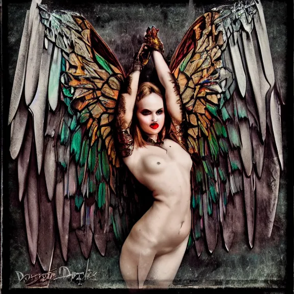 Image similar to crystal wings, waporwave polaroid, a greg rutkowsi photograph, devianart, metal acid deep colors, fallen angel of death, love broken