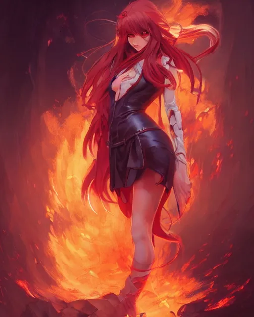 Image similar to red eyed beautiful long haired anime girl, full body photo, flames everywhere, highly detailed, digital painting, artstation, concept art, smooth, sharp focus, illustration, art by artgerm and greg rutkowski and alphonse mucha