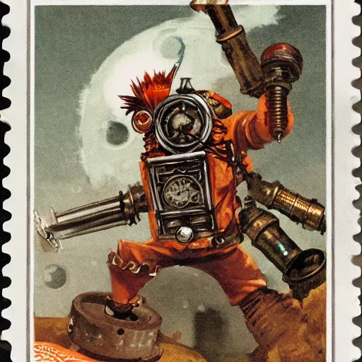 Prompt: bioshock steampunk orange mohawk Streetfighter Gnome Santa riding an intricate clockwork gearwork automaton springs gears bolts wires golem vehicle traveling stamp postcard winslow homer craig j. spearing thomas eakins