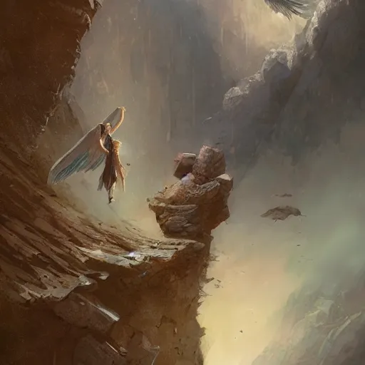 Image similar to angel protecting man falling from a cliff, detailed intricate ink illustration, happy atmosphere, detailed illustration, hd, 4k, digital art, overdetailed art, by greg rutkowski, by loish, complementing colors, Trending on artstation, movie poster style