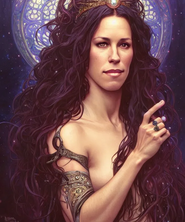 Image similar to Alanis Morissette as a fantasy magic woman portrait, sci-fi, amber eyes, face, long hair, fantasy, intricate, elegant, highly detailed, digital painting, artstation, concept art, smooth, sharp focus, illustration, art by artgerm and greg rutkowski and alphonse mucha