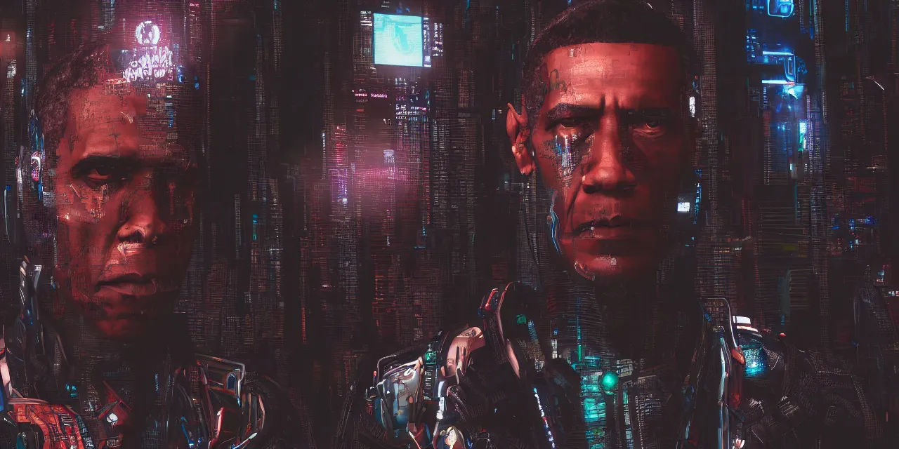 Image similar to a portrait of cyberpunk obama, hyperdetailed, artstation, accurate, octane render, surreal, 8k