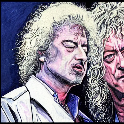 Prompt: An illustration of jimmy page and robert plant on stage in front of a huge crowd in the style of MeatCanyon, Face Portrait, hyper detailed, deviantart,