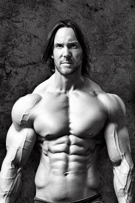 Image similar to Matthew Mercer is a jacked muscle builder gigachad, grayscale photography