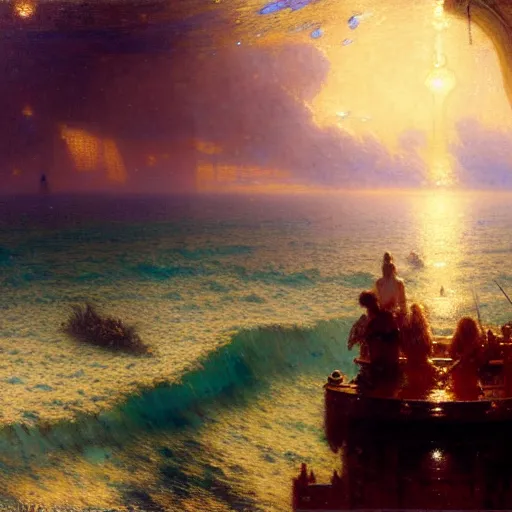 Image similar to point of view of deep in the ocean looking up, you see fishes, higher the milk way, night time, midnight. highly detailed painting by gaston bussiere, greg rutkowski 8 k