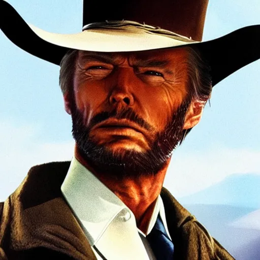 Image similar to donald trump as clint eastwood squinting at high noon in the style of a clint eastwood movie, the good, the bad and the ugly, clint eastwood, steven seagal, bud spencer, donald trump, glory days, american flag, patriotism, apple pie, black and white, artgerm, trending on artstation