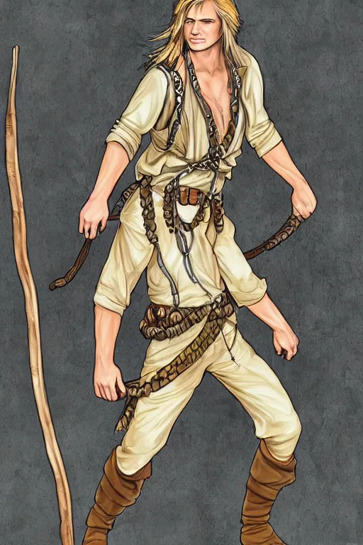 Prompt: a hippy male ranger, dnd, wearing a leather vest and white linen pants, wearing a a shell necklace, long swept back blond hair, a bongo, nunchuku, digital art