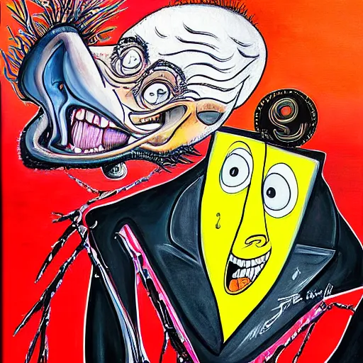 Prompt: a detailed painting titled dude where's my car by gerald scarfe and ralph steadman