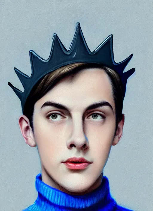 Image similar to portrait of teenage jughead jones wearing a light grey crown, crown, blue turtleneck, 1 9 5 0 s, closed eyes, photorealistic, black hair, glowing lighting, intricate, elegant, glowing lights, highly detailed, digital painting, artstation, concept art, smooth, sharp focus, illustration, art by wlop, mars ravelo and greg rutkowski