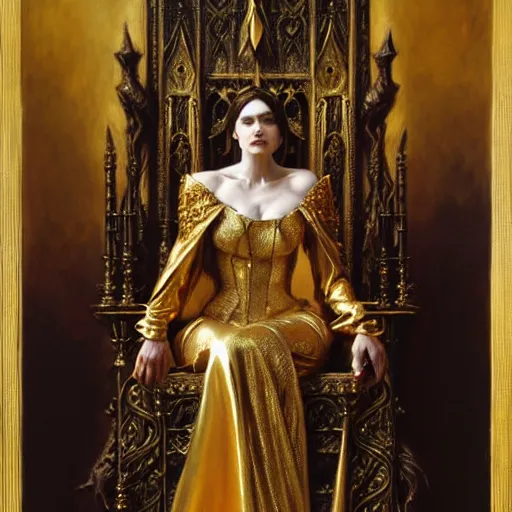 Image similar to full body portrait of hooded queen in gold gothic robes sitting on a throne of bones, elegant, highly detailed painting by gaston bussiere, craig mullins, j. c. leyendecker, 8 k, mid shot