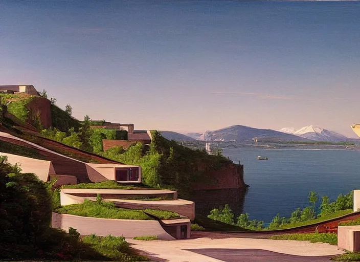 Image similar to painting of moshe safdie's habitat 6 7 in front of beautiful mountains by thomas cole