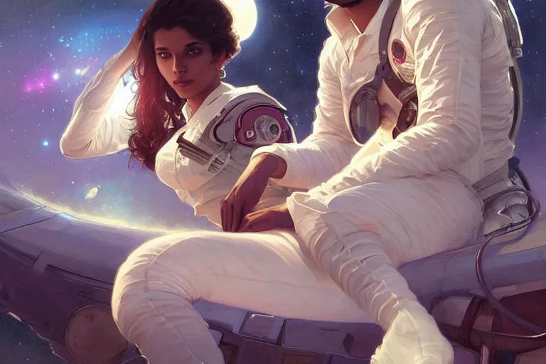 Image similar to Sensuous good looking pale young Indian doctors wearing jeans in a space station above Earth, portrait, elegant, intricate, digital painting, artstation, concept art, smooth, sharp focus, illustration, art by artgerm and greg rutkowski and alphonse mucha