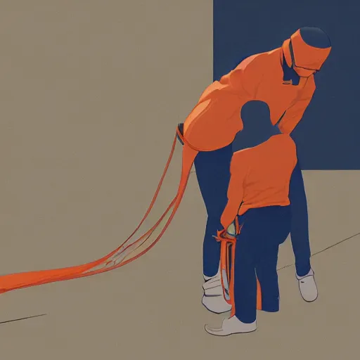 Image similar to goose being zipped - up by man in orange shirt, artstation