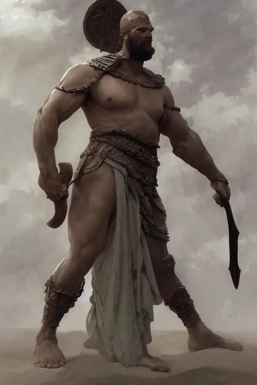 Image similar to ancient historically accurate depiction of the Bible Character Goliath of Gath, the Philistine warrior giant by frank miller, illustration by Ruan Jia and Mandy Jurgens and William-Adolphe Bouguereau, Artgerm, 4k, digital art, surreal, space dandy style, highly detailed, godsend, artstation, digital painting, concept art, smooth, sharp focus, illustration by Ruan Jia and Mandy Jurgens and William-Adolphe Bouguereau, Artgerm