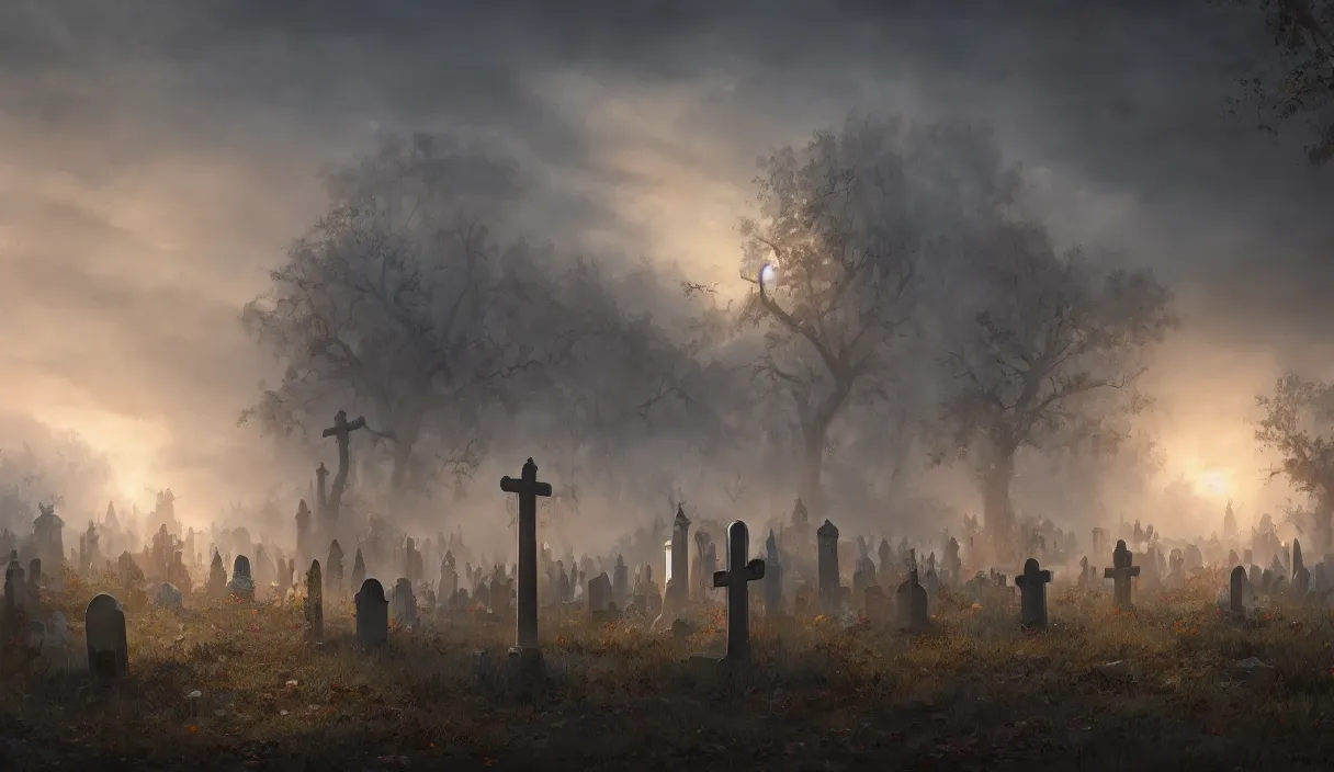 Image similar to a beautiful painting of a graveyard, cinematic angle, studio lighting, movie concept, trending on artstation, 8 k, ultra high detail