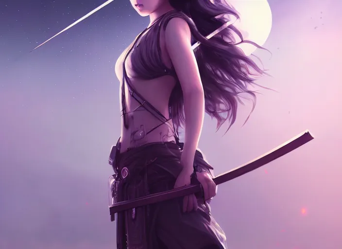 Prompt: asian girl in half - mask, white short hear, with katana, night sky on background, flying robots, cyberpunk, intricate, elegant, highly detailed, digital painting, artstation, concept art, smooth, sharp focus, illustration, ethereal