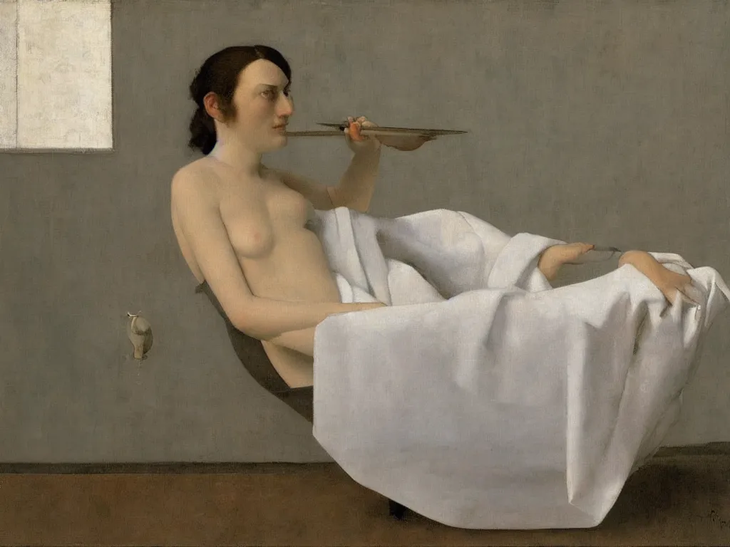 Prompt: Portrait of a woman in the bathtub with amphora, white cloth and crane. White Opal, marble, terracotta. Painting by Balthus, Hammershoi, Morandi