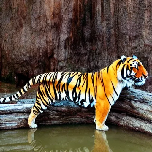 Prompt: a mighty Chinese tiger standing on a log ready to hunt prey in the water