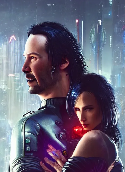 Prompt: a cyberpunk 2077 couple portrait of a Keanu Reeves as johnny silverhand and a female android in final kiss,love,fantasy, intricate, elegant,film lighting,art by John Collier and Albert Aublet and Krenz Cushart and Artem Demura,artstation,deviantart,FAN ART,full of color,Digital painting,face enhance,highly detailed,8K,octane,golden ratio,cinematic lighting