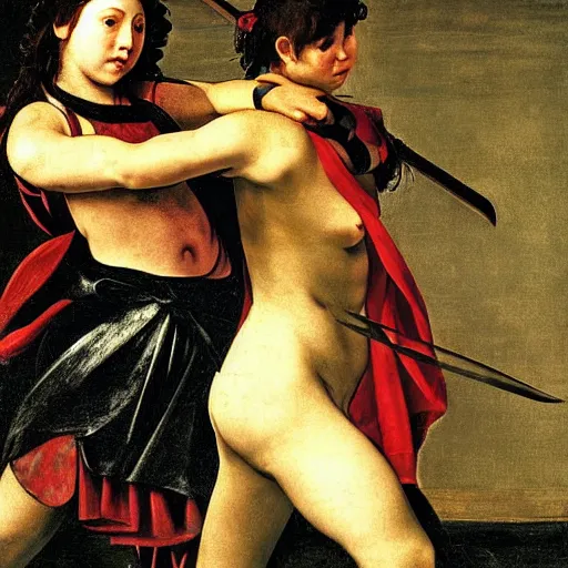 Image similar to two young girls fighting in an arena with swords, blood is splattering, highly detailed painting by the caravaggio 8 k