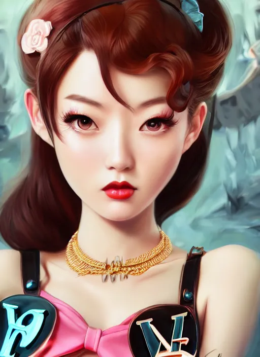 Image similar to a pin up and beautiful fashion dreamlke japan girl with lv jewelry, character art, art by artgerm, wlop, loish, hyperdetailed, 8 k realistic, symmetrical, global illumination, radiant light, frostbite 3 engine, cryengine, dof, trending on artstation, digital art, chanel, dior, detailed background