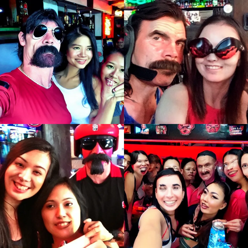 Prompt: selfie of dr disrespect at bar in thailand with girls