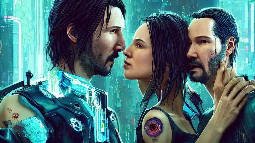 Image similar to a cyberpunk 2077 srcreenshot couple portrait of Keanu Reeves and female android final kiss,love,film lighting,by Laurie Greasley,Lawrence Alma-Tadema,Andrei Riabovitchev,Dan Mumford,John Wick,Speed,Replicas,artstation,deviantart,FAN ART,full of color,Digital painting,face enhance,highly detailed,8K,octane,golden ratio,cinematic lighting