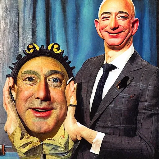 Image similar to “a deliriously happy king jeff bezos, portrait oil painting by Otto Dix, oil on canvas (1921)”