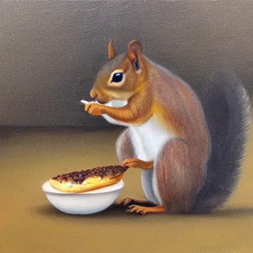Prompt: A painting of a squirrel sharing bread with his squirrel children