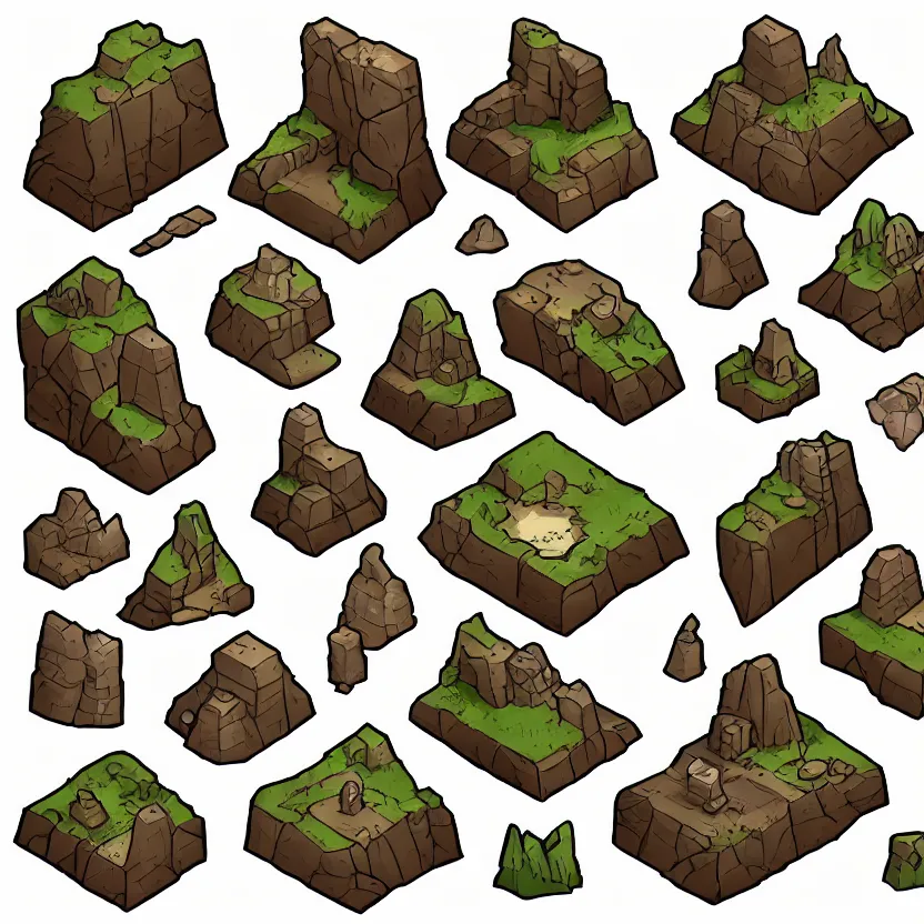 Image similar to set of isometric game tiles, containing a boulder, a wizard's tower, a cave, and several mines, colored lineart