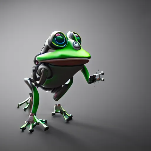 Image similar to a cute mech frog with a usb cable as its tongue, sci-fi, octane render, trending on artstation, highly detailed