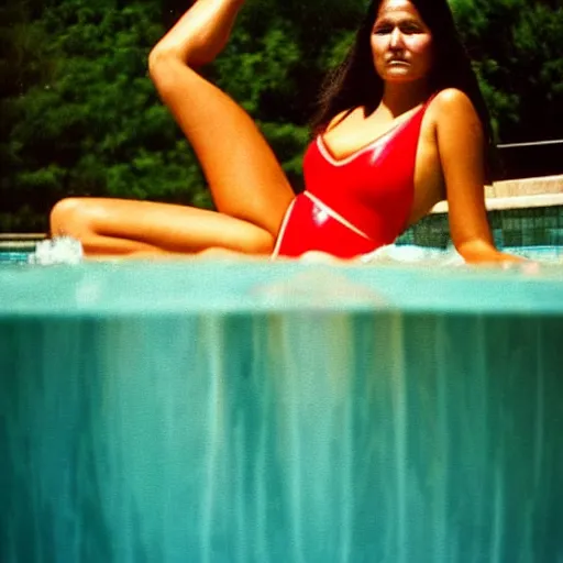 Prompt: clear photo of a beautiful and young female singer of native american descent in a pool with a red swimsuit taken in 1 9 7 6, high quality, highly detailed 7 0 s style photography, long dark hair, elegant pool, trending on pinterest, aesthetically beautiful, elegant