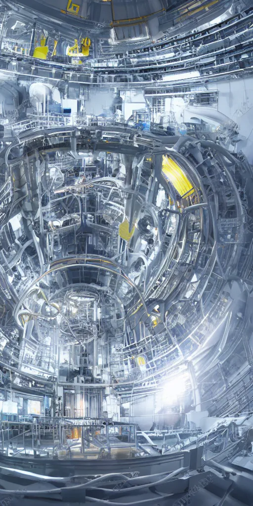 Image similar to reactor of controllable nuclear fusion power station in operation, high energy particle flow, glow, 8 k.