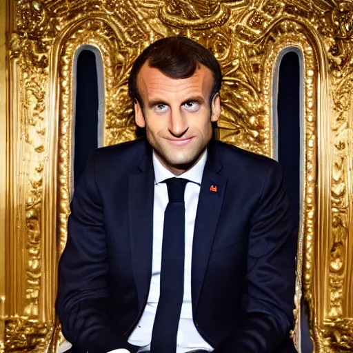 Image similar to emmanuel macron is sitting on the golden loo, detailed photography, 5 0 mm lens,