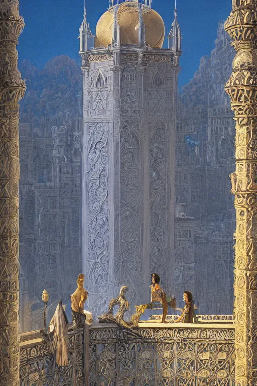 Image similar to ancient silver tower of the moon, distance view, fairytale illustration, elaborate carved latticed balconies, tall windows, moorish architecture, formal gardens, dramatic cinematic lighting, soft colors, golden age illustrator, unreal engine, by Andreas Rocha and Ludwig Deutsch and (Maxfield Parrish)