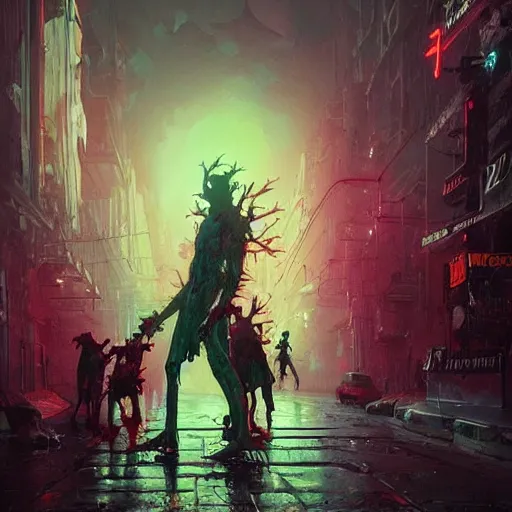 Prompt: neon zombies geog darrow greg rutkowski