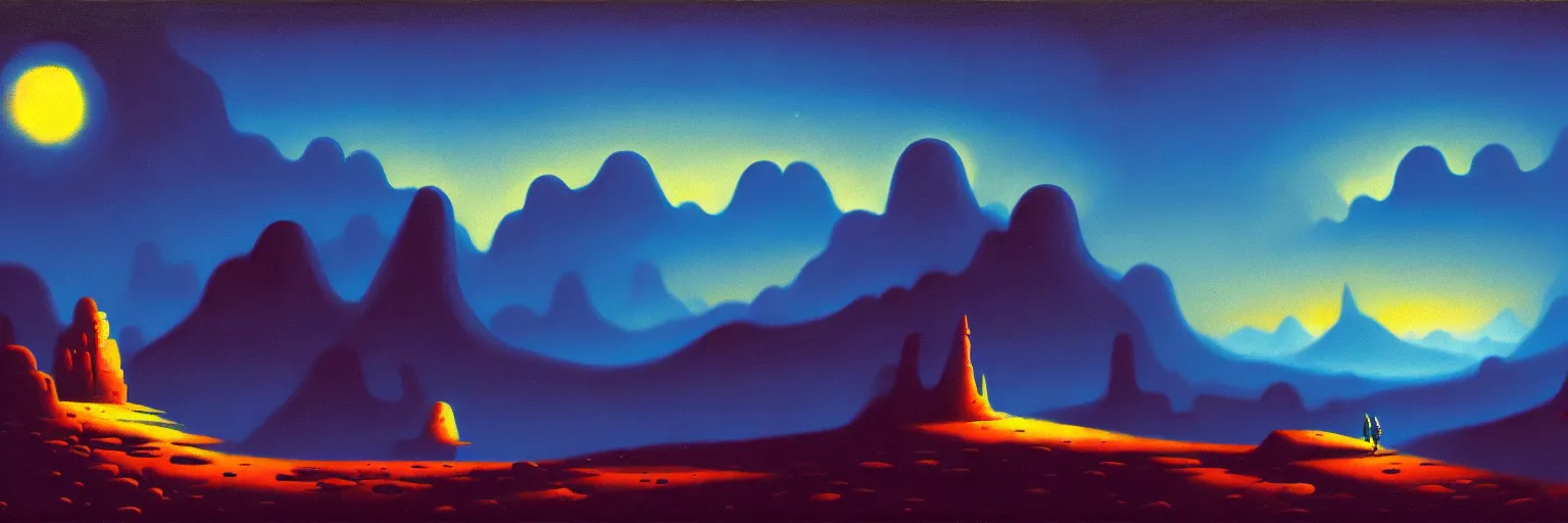 Image similar to cartoon paul lehr narrow night landscape with farawaymountains dark blue tones