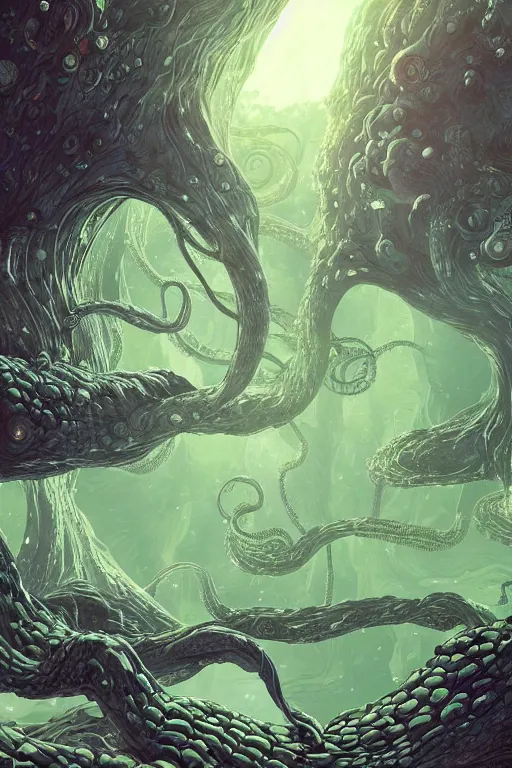 Image similar to concept art painting of an alien world with tentacle trees, artgerm, moebius, inio asano, toon shading, cel shading, calm, tranquil,