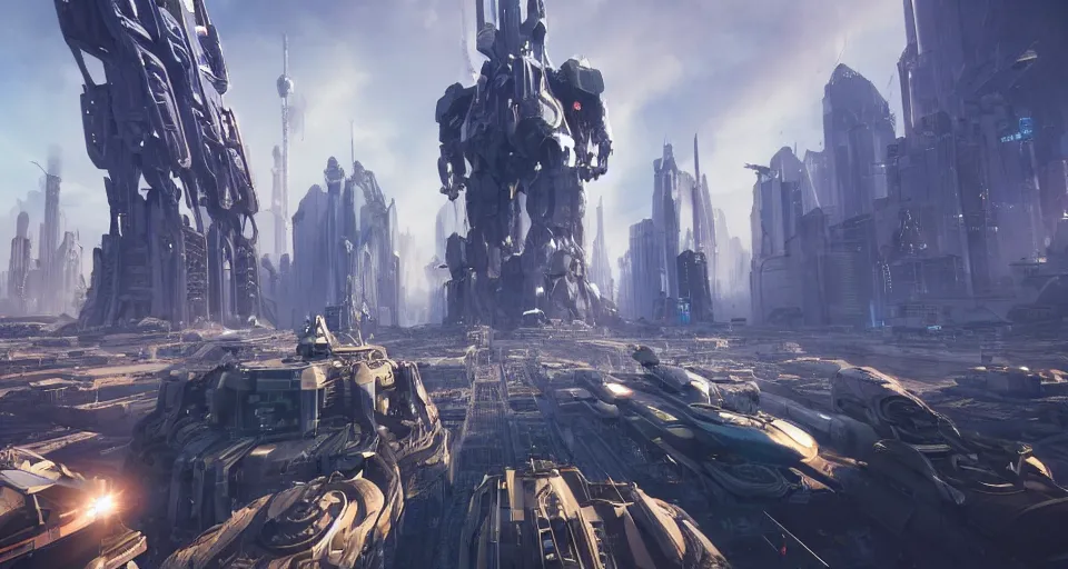 Image similar to a photo of an enormous mech towering over a crowd of astronauts in a futuristic city in the background, ultra realistic, hyper - detailed, unreal engine, raytraced lighting, colorful accents