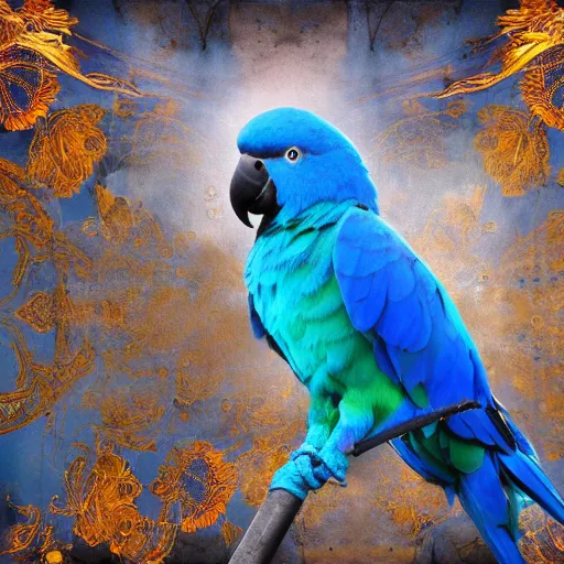 Image similar to blue parrots bird, flying steam smoke, motion, fluids mixing, ornate intricate, hyper realistic, 16k, post processing, saturated blue colors, nature background
