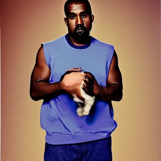 Image similar to Kanye West crying while holding a puppy for a 1990s sitcom tv show, Studio Photograph, portrait, very sad C 12.0