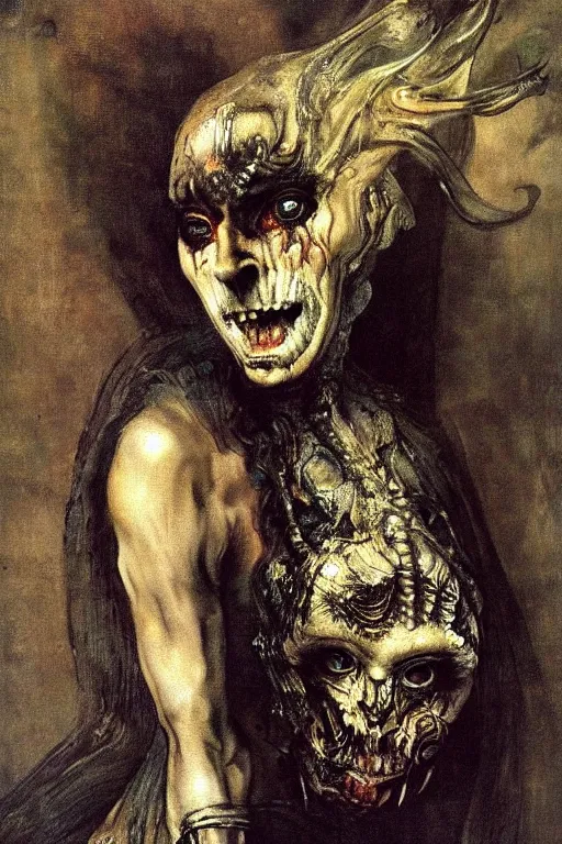 Prompt: a portrait of Hell’s best feminine demon assassin, beautiful and deadly, insane eyes, wicked grin, wearing Christian Lacroix, oil on canvas by Rembrandt and Giger, masterpiece