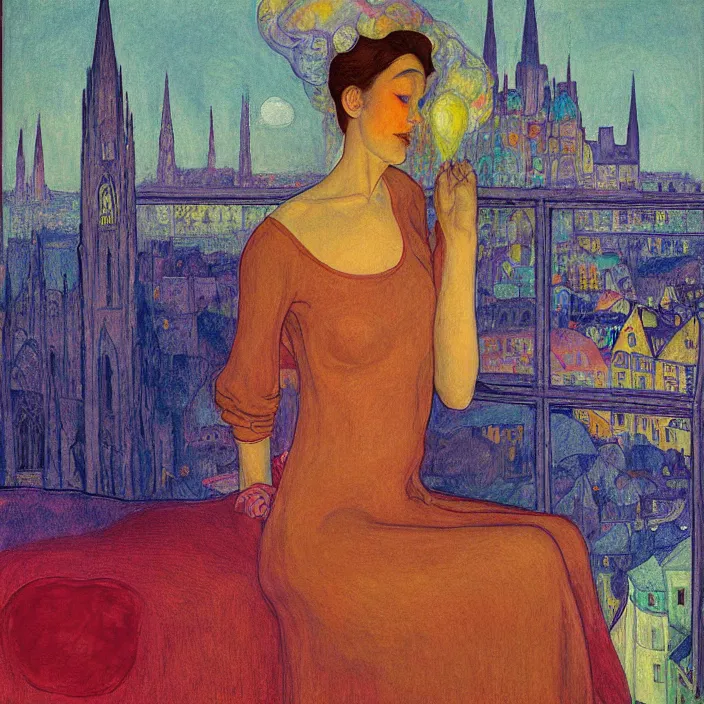 Image similar to close portrait of woman in transparent vaporous night gown washing her feet with cat and aloe vera, with city with gothic cathedral seen from a window frame with curtains. sun setting through the clouds, vivid iridescent psychedelic colors. agnes pelton, egon schiele, munch, henri de toulouse - lautrec, utamaro, monet