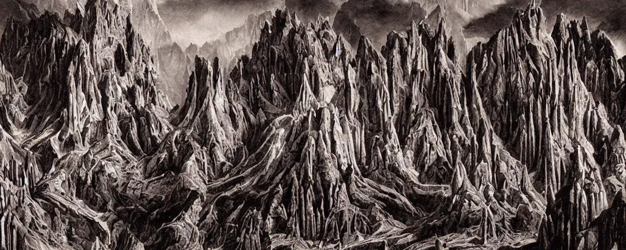 Prompt: hr giger might matte painting of monsters in the dolomites, depth art insane, witchcraft patterns, pour cell painting, crimson emerald vibrant, fluorescent flesh glowing, tarot depictions of darkness evil incarnate