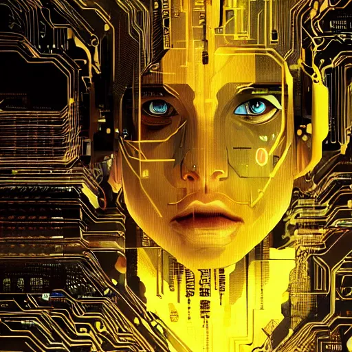 Image similar to a face covered in computer circuits, scifi, bladerunner, cyberpunk, heavy ink, yellow, very detailed eyes, 8 k resolution, by wlop, greg rutkowski